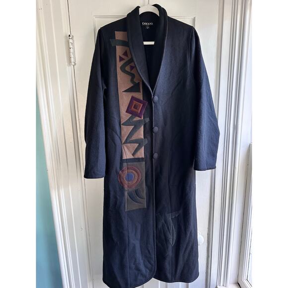 Vintage 80s Beppa Wool Folk Art Applique Trench Coat - Picture 3 of 7